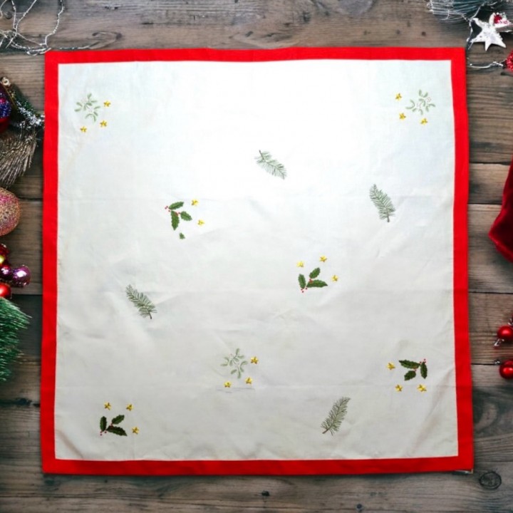 Christmas square table cloth - Pine leaf embroidery with red border (size 130cm)